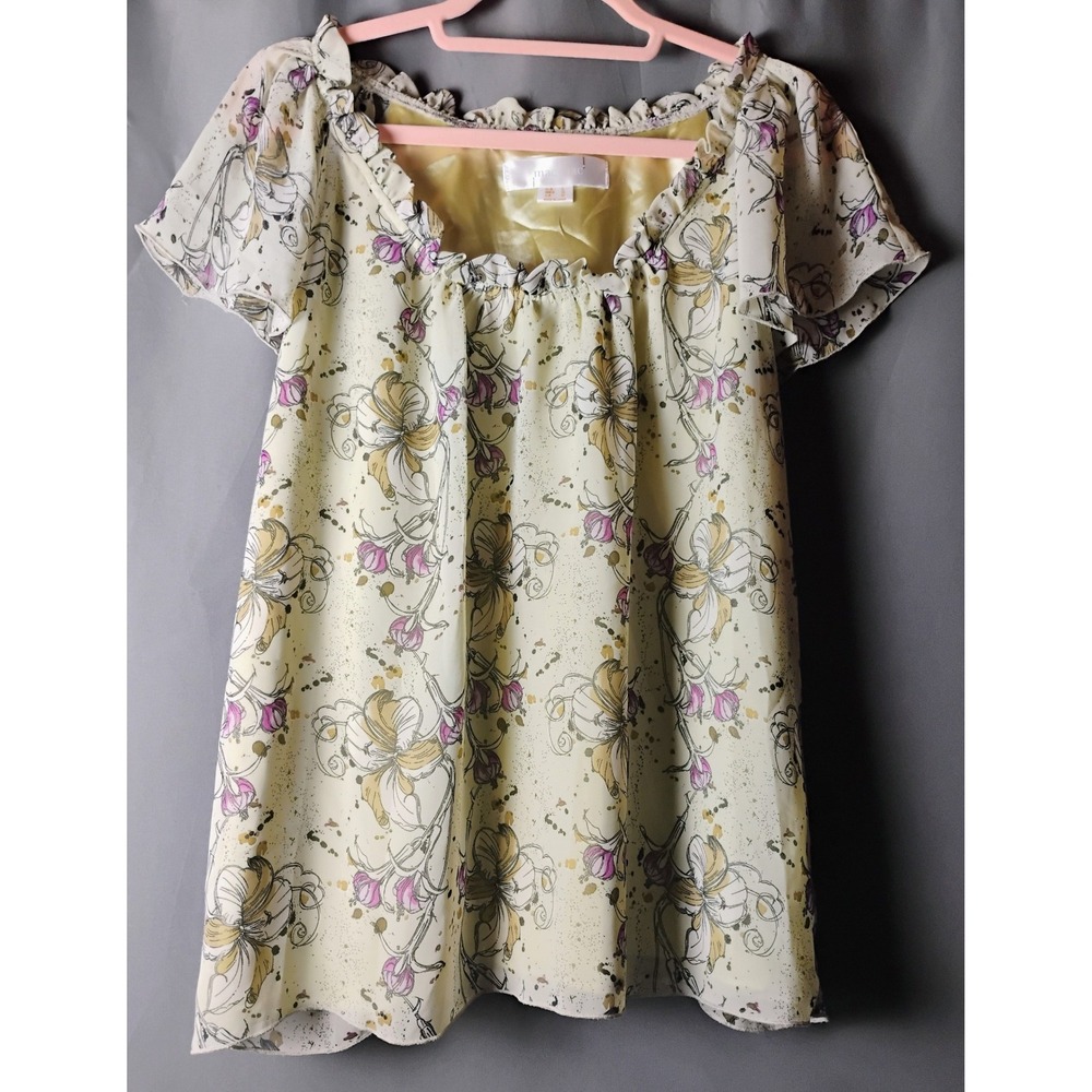 Mac‎ & Jac Floral Print Ruffle Neck Top Blouse Womens Size L